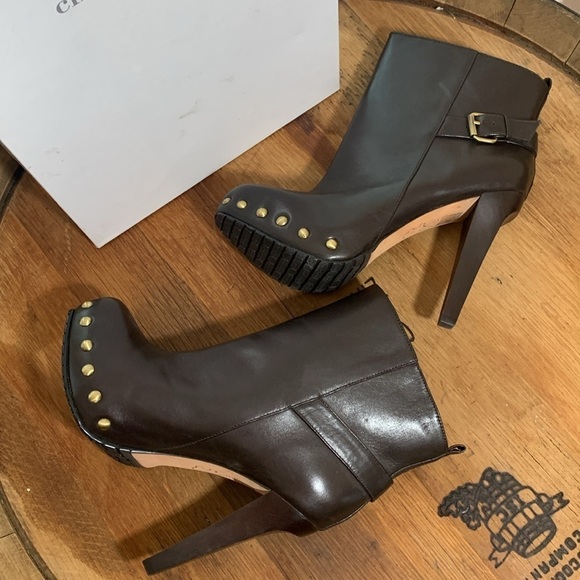 Charles David NIB Biff Brown Leather High Heel Stud Buckle Platform Boots 6.5 B - Picture 9 of 17